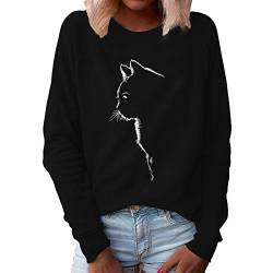Xmiral Sweatshirt Damen Katze Gedruckt Einfarbig Pullover Slim Fit Langarm O-Ausschnitt T-Shirt Bluse(Schwarz,XL) von Xmiral