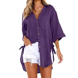 Xmiral T-Shirt Tops Damen Lange Knopf Shirt Einfarbig Lose Wilde Bluse Große Größe Elegant Hemden Kleid Urlaub 3/4 Kurzarmshirt(Violett,L) von Xmiral