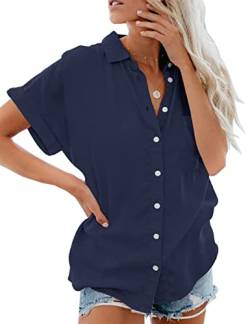 Damen Bluse Kurzarm, Knopf Oberteile Shirt Elegant, Casual Hemdbluse, Revers Kragen Business Blusenshirt, Stretch Einfarbig Blusen V-Ausschnitt Top Herbst Frühling Sommer(Blau, L) von Xnova