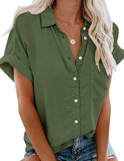 Damen Bluse Kurzarm, Knopf Oberteile Shirt Elegant, Casual Hemdbluse, Revers Kragen Business Blusenshirt, Stretch Einfarbig Blusen V-Ausschnitt Top Herbst Frühling Sommer(Grün, M) von Xnova