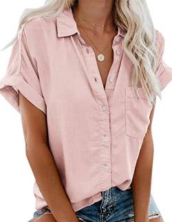 Damen Bluse Kurzarm, Knopf Oberteile Shirt Elegant, Casual Hemdbluse, Revers Kragen Business Blusenshirt, Stretch Einfarbig Blusen V-Ausschnitt Top Herbst Frühling Sommer(Rosa, L) von Xnova