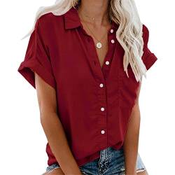 Damen Bluse Kurzarm, Knopf Oberteile Shirt Elegant, Casual Hemdbluse, Revers Kragen Business Blusenshirt, Stretch Einfarbig Blusen V-Ausschnitt Top Herbst Frühling Sommer(Rot, M) von Xnova