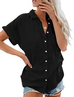 Damen Bluse Kurzarm, Knopf Oberteile Shirt Elegant, Casual Hemdbluse, Revers Kragen Business Blusenshirt, Stretch Einfarbig Blusen V-Ausschnitt Top Herbst Frühling Sommer(Schwarz, M) von Xnova