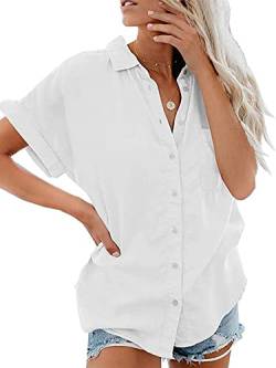 Damen Bluse Kurzarm, Knopf Oberteile Shirt Elegant, Casual Hemdbluse, Revers Kragen Business Blusenshirt, Stretch Einfarbig Blusen V-Ausschnitt Top Herbst Frühling Sommer(Weiß, M) von Xnova