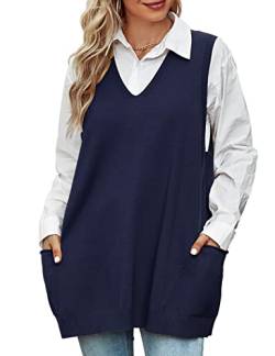 Damen Pullunder Oversize V-Ausschnitt, Stricken Weste Elegante, Strickpullover Ärmellos Lang Strickweste, Freizeit Sweater Vest Herbst Winter(Blau Marine, S) von Xnova