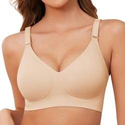 Xnova Damen BH Ohne Bügel Bequemer, Nahtloser V-Ausschnitt Bralette T-Shirt Schlaf Minimizer BHS Breite Träger, Seamless Bra mit Zusätzlicher BH-Verlängerung (Beige, M) von Xnova