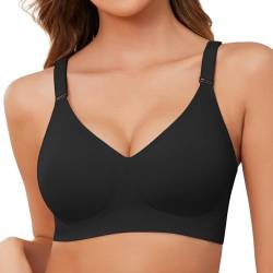 Xnova Damen BH Ohne Bügel Bequemer, Nahtloser V-Ausschnitt Bralette T-Shirt Schlaf Minimizer BHS Breite Träger, Seamless Bra mit Zusätzlicher BH-Verlängerung (Schwarz, M) von Xnova