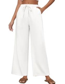 Xnova Damen Leinenhose Baumwolle mit Taschen, Weite Freizeithose Boho Haremshosen, Luftige Hosen mit Tunnelzug (Weiß, M) von Xnova