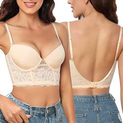 Xnova Damen Rückenfreier BH U-förmiger Rücken mit Floralem Spitzenrand, Multiway Plunge BHS mit Bügel Bra Unsichtbar Ungepolstert Bralette Dünner Bras (A, Beige, 36) von Xnova