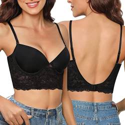 Xnova Damen Rückenfreier BH U-förmiger Rücken mit Floralem Spitzenrand, Multiway Plunge BHS mit Bügel Bra Unsichtbar Ungepolstert Bralette Dünner Bras (C, Schwarz, 36) von Xnova