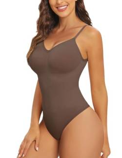 Xnova Damen Shapewear Stringbody Bodysuit, Shaping Body Thong Sculpting Korsett Bauchweg, Tank Top Jumpsuit Figurformender Body Shaper mit Verstellbare Träger (Braun, S) von Xnova