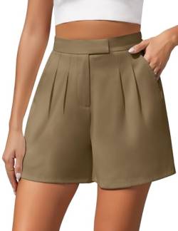 Xnova Damen Shorts Dressy Casual für Sommer, Weite Beinhose Zurück Elastische Taille, High Waist Kurze Hose mit Reißverschluss (Khaki, XL) von Xnova