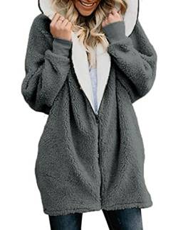 Xnova Damen Teddy-Fleece Mantel mit Reißverschluss, Oversized Hoodie Kapuzenjacke Lang Flauschige Warme Slouchy Winter Kapuzenpulli mit Taschen (Dunkelgrau, S) von Xnova