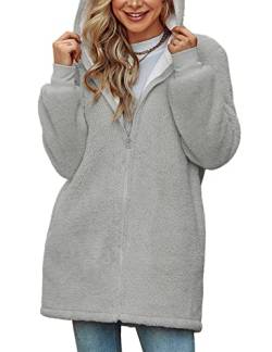 Xnova Damen Teddy-Fleece Mantel mit Reißverschluss, Oversized Hoodie Kapuzenjacke Lang Flauschige Warme Slouchy Winter Kapuzenpulli mit Taschen (Grau, S) von Xnova