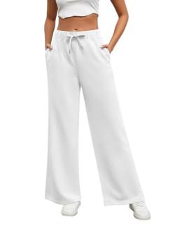 Xnova Hosen Damen mit Geradem Bein, Lounge Jogginghose Kordelzug Yogahose Breites Bein, Dehnbar Homewear Sporthose mit Taschen (Weiß, M) von Xnova