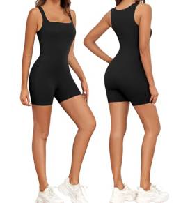 Xnova Jumpsuit Damen Ärmellose Stretch, Kurz Romper Eng Quadratischer Ausschnitt Bodycon, Yoga Workout Bodysuit Shorts (Schwarz, L) von Xnova