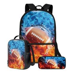 Xoenoiee 3-teiliges Rucksack-Set für Jungen und Mädchen, mit Lunchtasche und Federmäppchen, Schulrucksack-Set, 3-in-1-Set für Teenager, Studenten, Feuerwasser-American Football-Muster von Xoenoiee