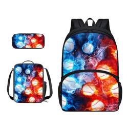 Xoenoiee 3-teiliges Rucksack-Set für Jungen und Mädchen, mit Lunchtasche und Federmäppchen, Schulrucksack-Set für Teenager, Studenten, Feuerwasser-Baseballs von Xoenoiee