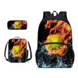 Xoenoiee 3-teiliges Rucksack-Set für Jungen und Mädchen, mit Lunchtasche und Federmäppchen, Schulrucksack-Set für Teenager, Studenten, Feuerwasserspritzer Softball von Xoenoiee