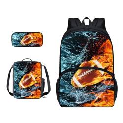 Xoenoiee 3-teiliges Rucksack-Set für Jungen und Mädchen, mit Lunchtasche und Federmäppchen, Schulrucksack-Set für Teenager, Studenten, Fire and Water American Football von Xoenoiee