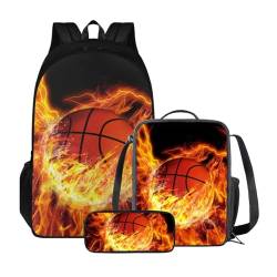 Xoenoiee 3-teiliges Rucksack für Jungen und Mädchen, Schulrucksack-Set mit Lunchtasche und Federmäppchen, großes Fassungsvermögen für Teenager, Studenten, Basketball-Feuer von Xoenoiee