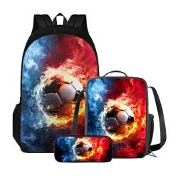 Xoenoiee 3-teiliges Rucksack für Jungen und Mädchen, Schulrucksack-Set mit Lunchtasche und Federmäppchen, großes Fassungsvermögen für Teenager, Studenten, Blau-roter Feuerfußball von Xoenoiee
