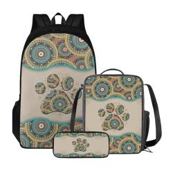 Xoenoiee 3-teiliges Rucksack für Jungen und Mädchen, Schulrucksack-Set mit Lunchtasche und Federmäppchen, großes Fassungsvermögen für Teenager, Studenten, Boho-Mandala-Hundepfote von Xoenoiee