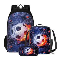 Xoenoiee 3-teiliges Rucksack für Jungen und Mädchen, Schulrucksack-Set mit Lunchtasche und Federmäppchen, großes Fassungsvermögen für Teenager, Studenten, Feuer- und Wasserfußball von Xoenoiee