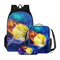 Xoenoiee 3-teiliges Rucksack für Jungen und Mädchen, Schulrucksack-Set mit Lunchtasche und Federmäppchen, großes Fassungsvermögen für Teenager, Studenten, Feuerwasser-Softball Galaxie von Xoenoiee