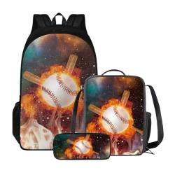 Xoenoiee 3-teiliges Rucksack für Jungen und Mädchen, Schulrucksack-Set mit Lunchtasche und Federmäppchen, großes Fassungsvermögen für Teenager, Studenten, Fire Baseball Galaxy von Xoenoiee