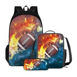 Xoenoiee 3-teiliges Rucksack für Jungen und Mädchen, Schulrucksack-Set mit Lunchtasche und Federmäppchen, großes Fassungsvermögen für Teenager, Studenten, Fire Water American Football von Xoenoiee