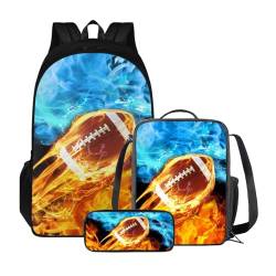 Xoenoiee 3-teiliges Rucksack für Jungen und Mädchen, Schulrucksack-Set mit Lunchtasche und Federmäppchen, großes Fassungsvermögen für Teenager, Studenten, Red Blue Fire American Football von Xoenoiee