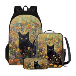 Xoenoiee 3-teiliges Rucksack für Jungen und Mädchen, Schulrucksack-Set mit Lunchtasche und Federmäppchen, großes Fassungsvermögen für Teenager, Studenten, Schwarze Katze mit Blumenmuster von Xoenoiee