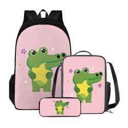 Xoenoiee 3-teiliges Rucksack für Jungen und Mädchen, Schulrucksack-Set mit Lunchtasche und Federmäppchen, großes Fassungsvermögen für Teenager, Studenten, Süßes Krokodil-Rosa von Xoenoiee