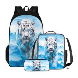 Xoenoiee 3-teiliges Rucksack für Jungen und Mädchen, Schulrucksack-Set mit Lunchtasche und Federmäppchen, großes Fassungsvermögen für Teenager, Studenten, Weißer Tiger-Eisberg von Xoenoiee