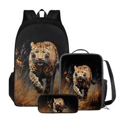 Xoenoiee 3-teiliges Rucksack für Jungen und Mädchen, Schulrucksack-Set mit Lunchtasche und Federmäppchen, großes Fassungsvermögen für Teenager, Studenten, Wilder Leopard von Xoenoiee