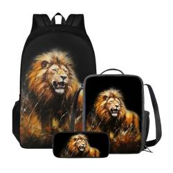 Xoenoiee 3-teiliges Rucksack für Jungen und Mädchen, Schulrucksack-Set mit Lunchtasche und Federmäppchen, großes Fassungsvermögen für Teenager, Studenten, Wilder Löwe von Xoenoiee