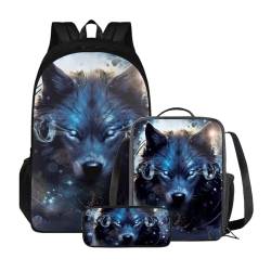 Xoenoiee 3-teiliges Rucksack für Jungen und Mädchen, Schulrucksack-Set mit Lunchtasche und Federmäppchen, großes Fassungsvermögen für Teenager, Studenten, coole Wolf von Xoenoiee