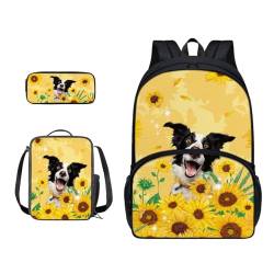 Xoenoiee Büchertasche + Lunchbox + Federmäppchen für Schüler, Schultasche, Rucksack-Set für Jungen und Mädchen, 3-teilig, Border Collie und Sonnenblume von Xoenoiee