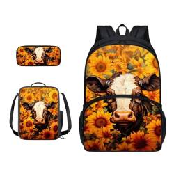 Xoenoiee Büchertasche + Lunchbox + Federmäppchen für Schüler, Schultasche, Rucksack-Set für Jungen und Mädchen, 3-teilig, Kuh und Sonnenblumen von Xoenoiee