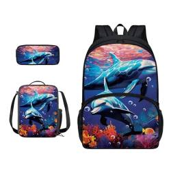 Xoenoiee Büchertasche + Lunchbox + Federmäppchen für Schüler, Schultasche, Rucksack-Set für Jungen und Mädchen, 3-teilig, Niedlicher Delfin-Unterwasser-Delfin von Xoenoiee