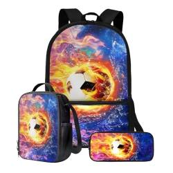 Xoenoiee Büchertasche + Lunchbox + Federmäppchen für Studenten, 43,2 cm, große Schultasche, Rucksack-Set für Jungen und Mädchen, 3-teilig, Feuerwasser-Fußball-Galaxie von Xoenoiee