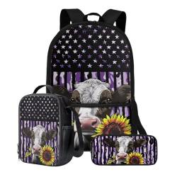 Xoenoiee Büchertasche + Lunchbox + Federmäppchen für Studenten, 43,2 cm, große Schultasche, Rucksack-Set für Jungen und Mädchen, 3-teilig, Kuh-Sonnenblumen-Flagge von Xoenoiee
