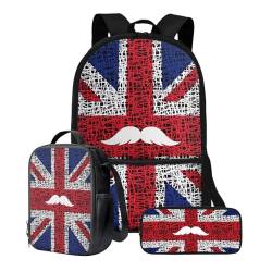 Xoenoiee Büchertasche + Lunchbox + Federmäppchen für Studenten, 43,2 cm, große Schultasche, Rucksack-Set für Jungen und Mädchen, 3-teilig, Netzgewebe mit britischer Flagge von Xoenoiee