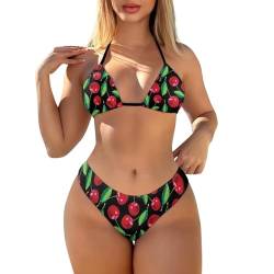Xoenoiee Damen Zweiteiliges Bikini-Set, Neckholder-Top mit abnehmbarem Pad, Triangel-Unterteil, Badeanzug, freche Bademode, XS-2XL, Kirschfrucht, 52 von Xoenoiee