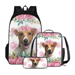 Xoenoiee Kinder-Büchertasche + Lunchbox + Federmäppchen für Schüler, große Kapazität, Schultasche, Rucksack-Set für Jungen und Mädchen, 3 Stück, Jack Russell Terrier Floral von Xoenoiee