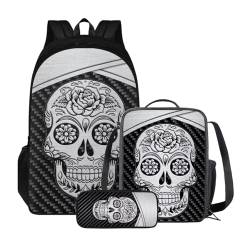 Xoenoiee Kinder-Büchertasche + Lunchbox + Federmäppchen für Schüler, große Kapazität, Schultasche, Rucksack-Set für Jungen und Mädchen, 3 Stück, Metallähnlicher Totenkopf von Xoenoiee