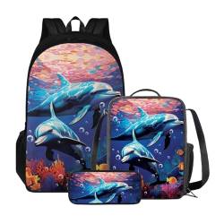 Xoenoiee Kinder-Büchertasche + Lunchbox + Federmäppchen für Schüler, große Kapazität, Schultasche, Rucksack-Set für Jungen und Mädchen, 3 Stück, Niedlicher Delfin-Unterwasser-Delfin von Xoenoiee