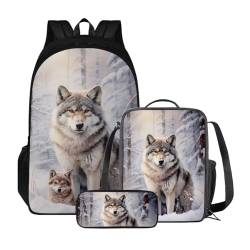 Xoenoiee Kinder-Büchertasche + Lunchbox + Federmäppchen für Schüler, große Kapazität, Schultasche, Rucksack-Set für Jungen und Mädchen, 3 Stück, Wolf Snowfield von Xoenoiee