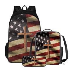 Xoenoiee Kinder-Rucksack-Set für Jungen und Mädchen, Schulrucksack, Lunchtasche, Federmäppchen, 3-in-1-Set für Schule, Picknick, Tagesrucksack, Amerikanische Flagge und Kreuz von Xoenoiee